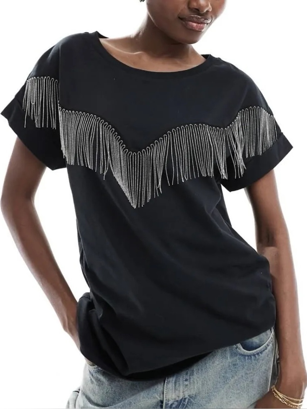 AllSaints Black Embellished Crew Neck Tee